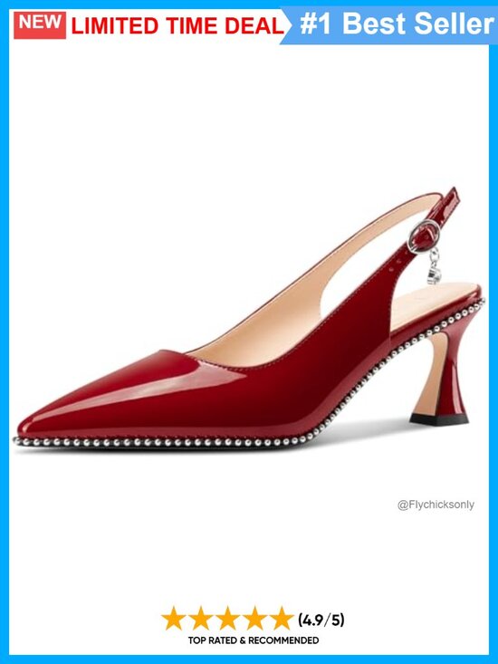 Shoes - Womens Kitten Heel Pointed Toe Slingback Pumps Beaded Patent Leather 2.6 Inch